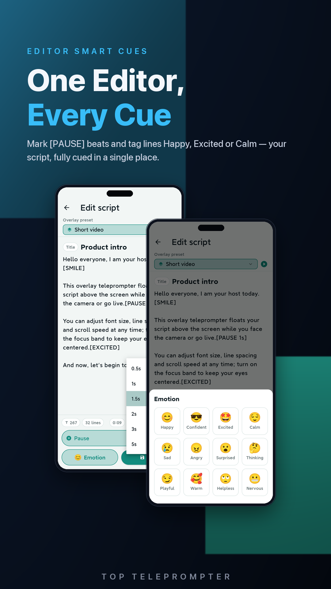 Editor with pause and emotion cues